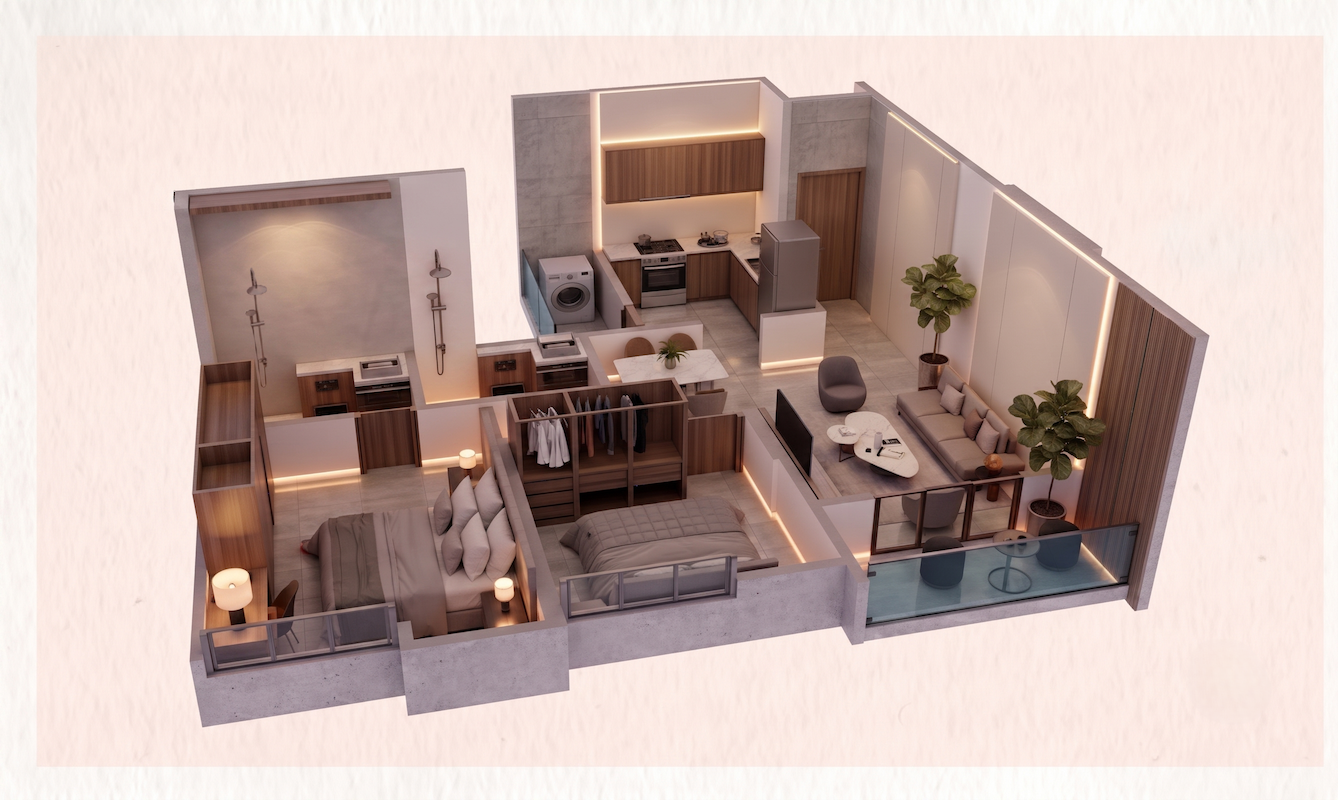2 BHK 1008 sq ft floor plan